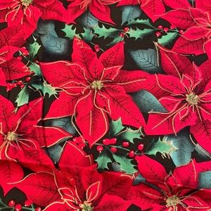 Christmas fabric-red poinsettias on black